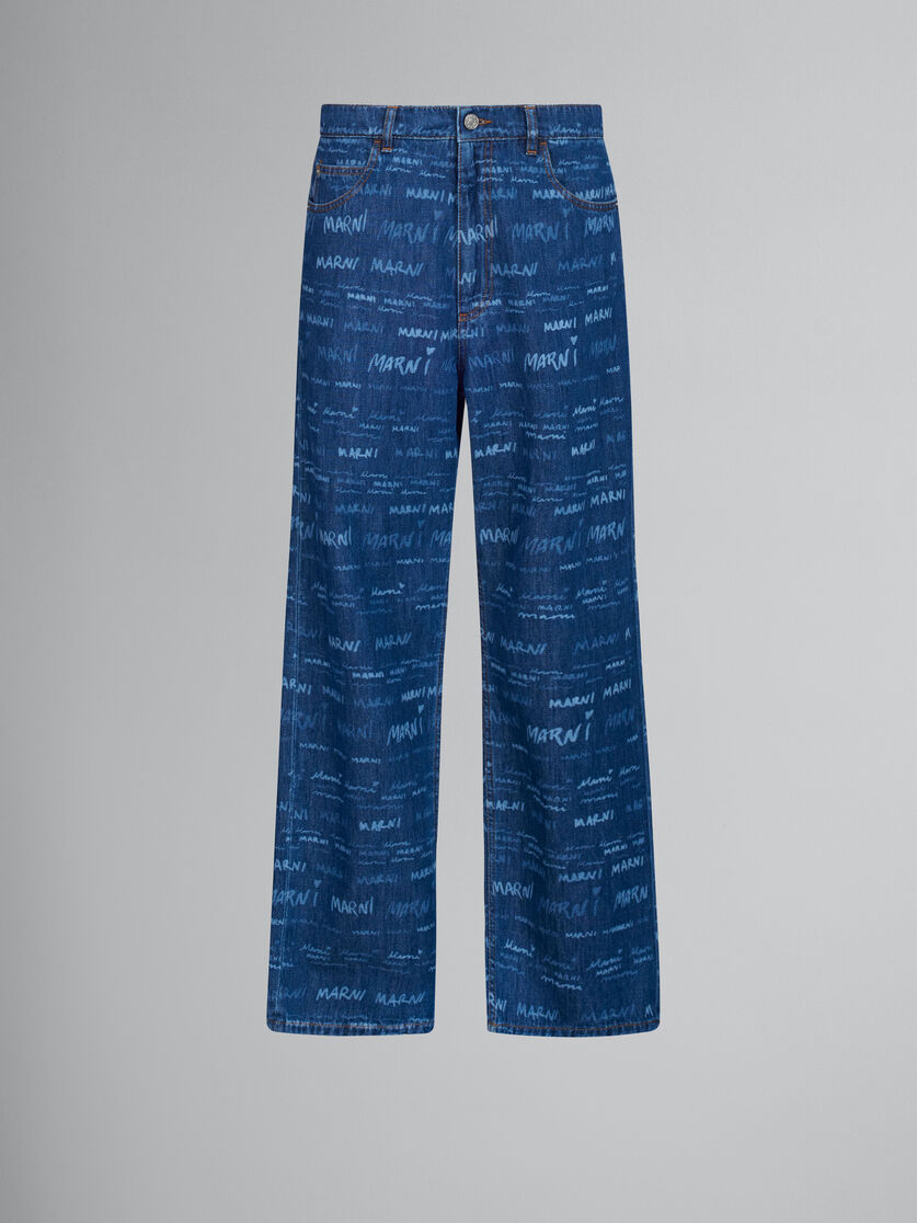 Denim straight trousers with Mega Marni print - Pants - Image 1