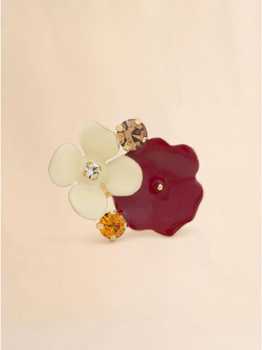 Cream and burgundy enamel flower ring with rhinestones - Rings