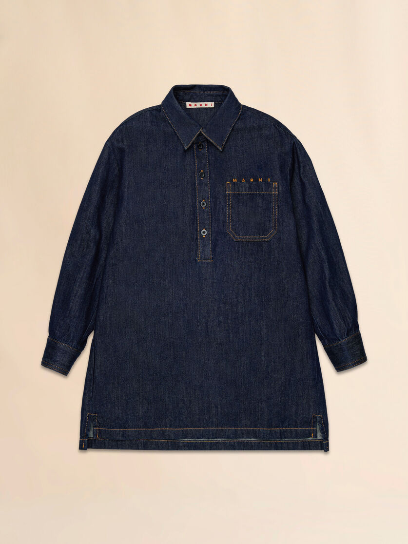 Deep blue denim dress with tobacco stitching, Image 1