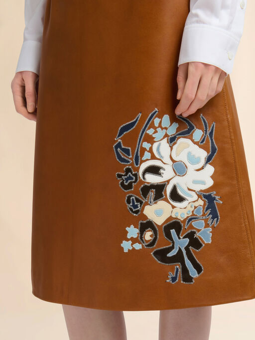 Brown leather skirt with flower intarsia - Skirts