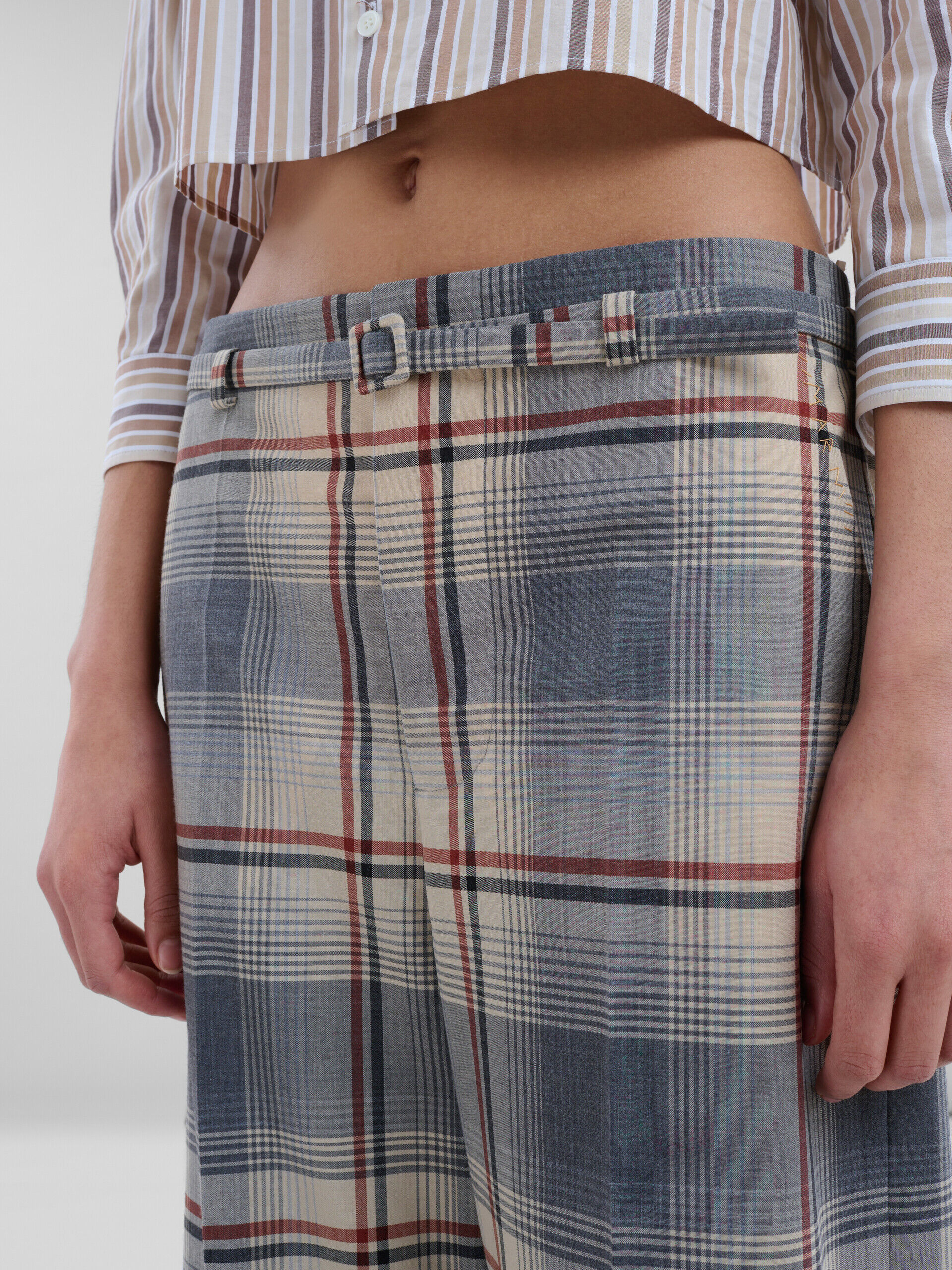 グレー チェックウール製 ベルト付きパンツ | Marni