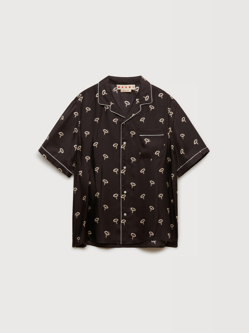 Brown silk twill pyjama shirt with floral print, Image 1