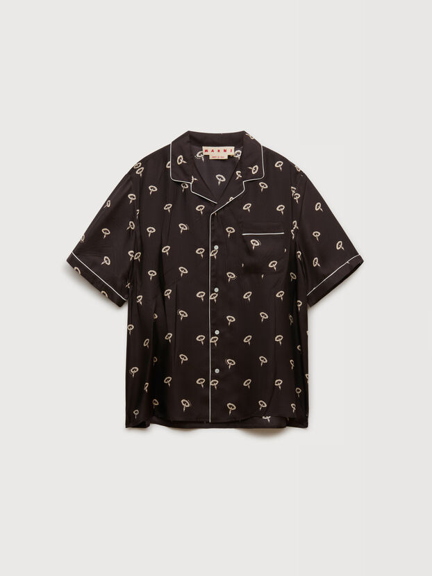 Brown silk twill pyjama shirt with floral print - Shirts