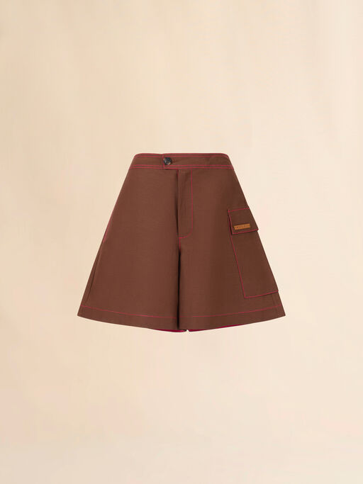 Brown viscose-ramie flared shorts with cargo pocket - Pants