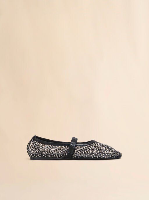 Mary Jane Ballerina aus schwarzem Mesh mit Kristallen - Mokassins