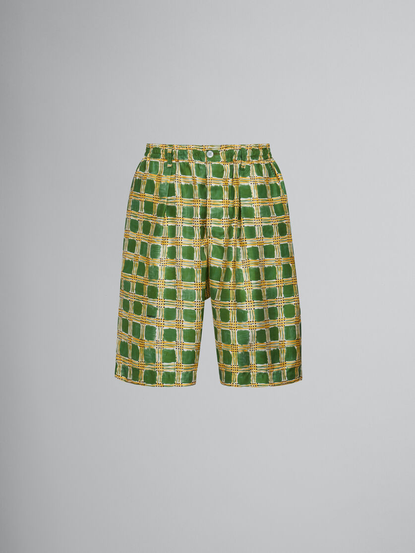 Green silk twill shorts with Check Fields print - Pants - Image 1