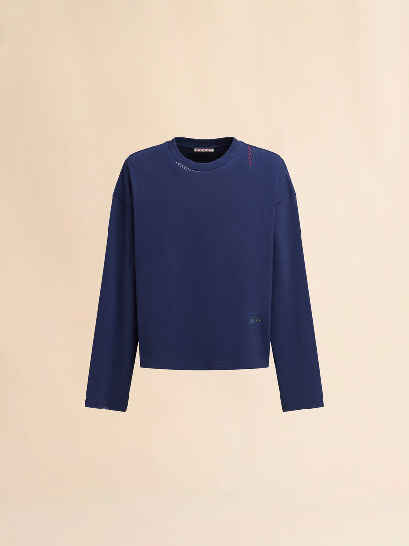 Dark blue ribbed cotton T-shirt with Marni Symbol - Shirts - Image 1