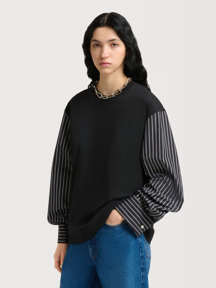 ブラック コットン ストライプシャツスリーブ Tシャツ, Image 3