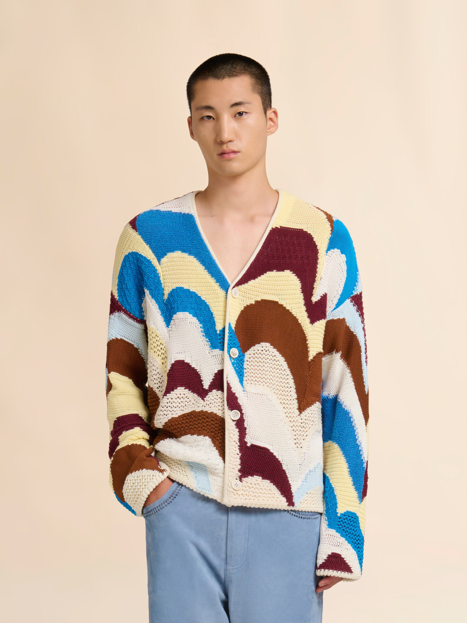 Burgundy and blue cotton crochet-effect cardigan | Marni
