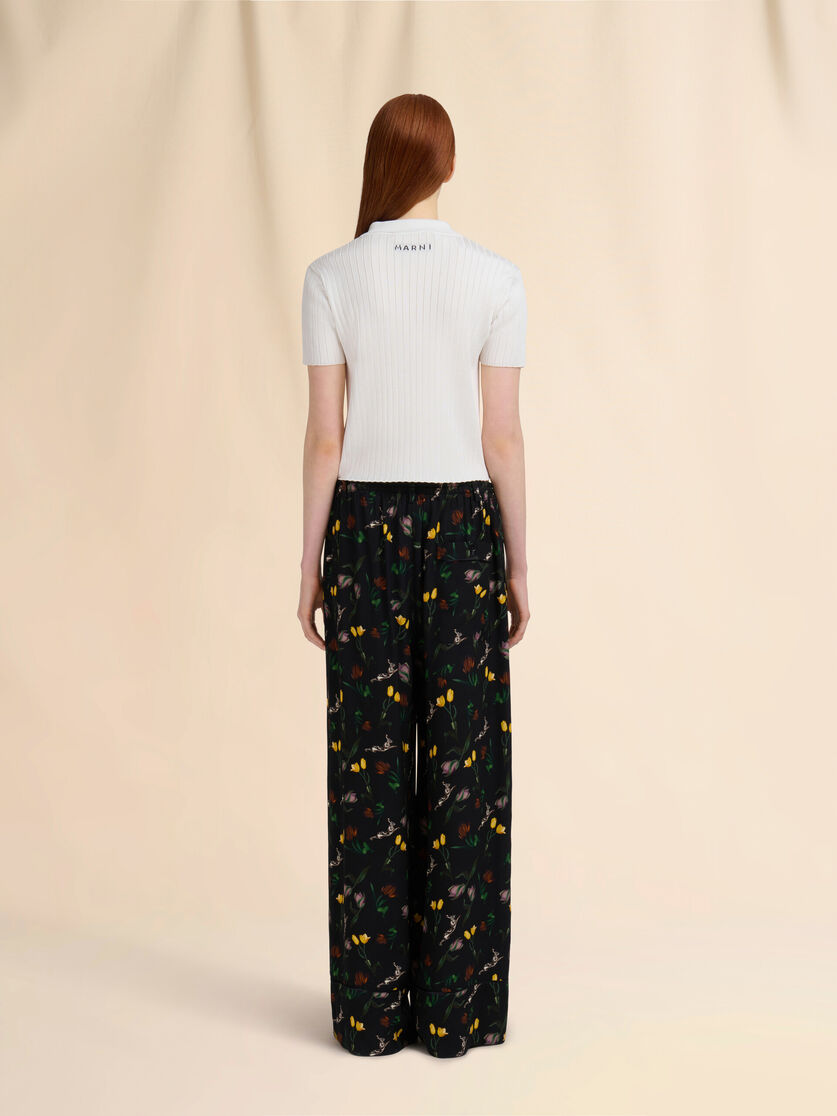 Cream envers satin palazzo trousers with Tulips and Hares print - Pants - Image 3