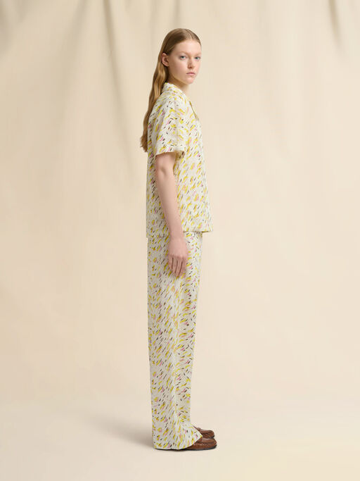 Yellow linen trousers with Brushstroke Wave print - Pants