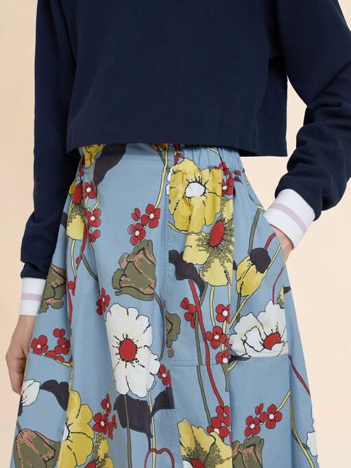 Blue poplin elasticated midi skirt with Melodia print - Skirts