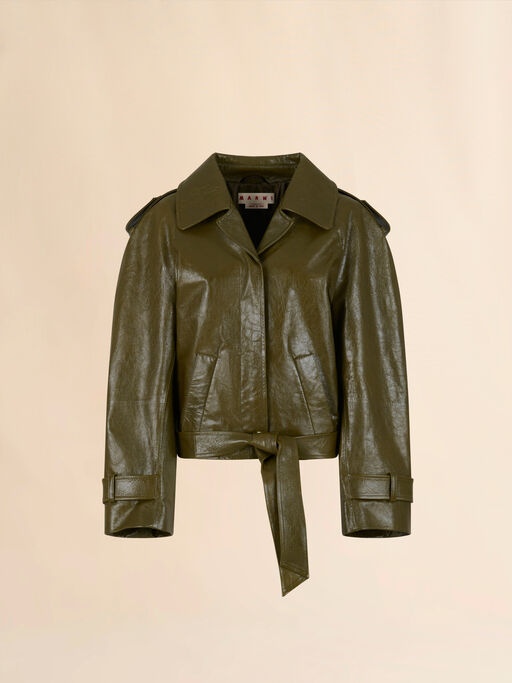 Deep green leather short trench coat - Jackets
