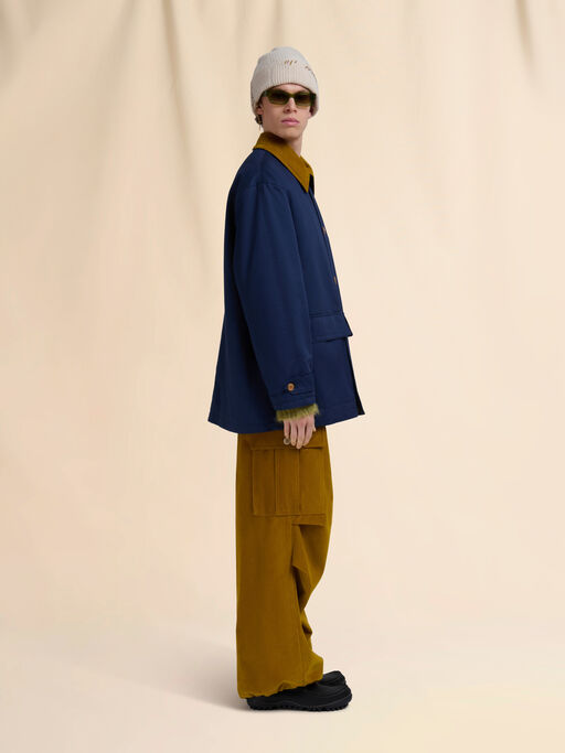 Blue organic gabardine parka with corduroy collar - Coats