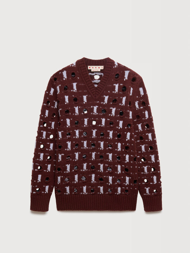 Brown wool-cashmere jumper with cut-out polka dots - Pullovers