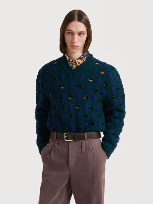 Pull bleu en laine et cachemire &agrave; motif ajour&eacute; - pulls