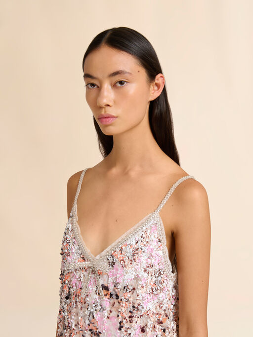 Pink mesh midi dress with mixed sequins - Dresses