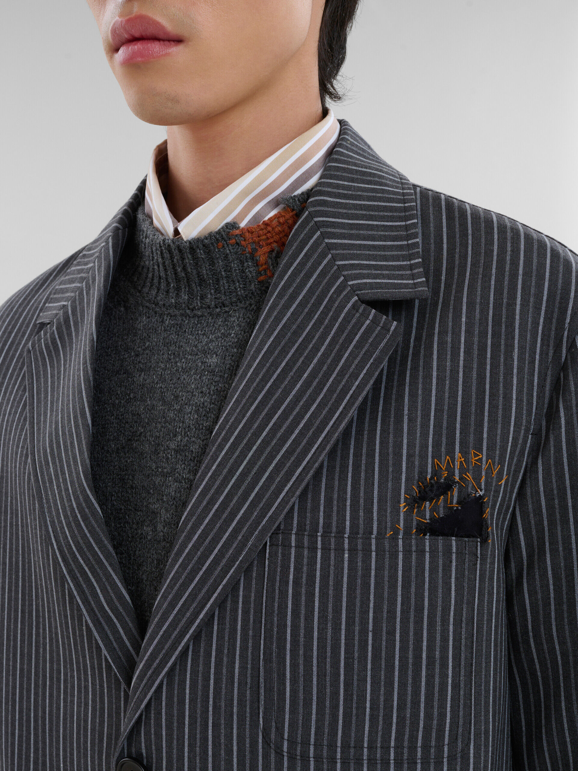 MARNI ウールストライプジャケットグレーネイビーブラウンミックス