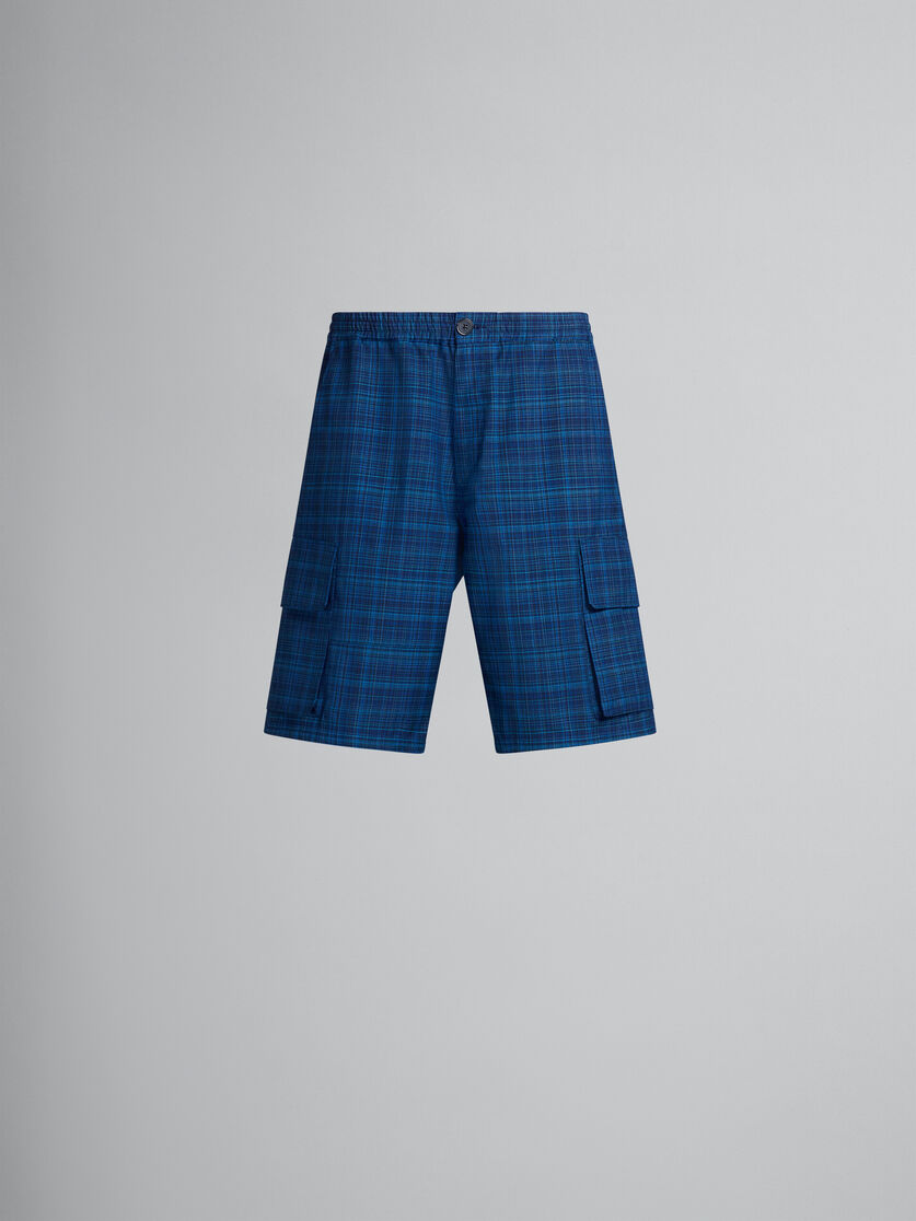 Blue stretch waist cargo shorts in checked light wool - Pants - Image 1