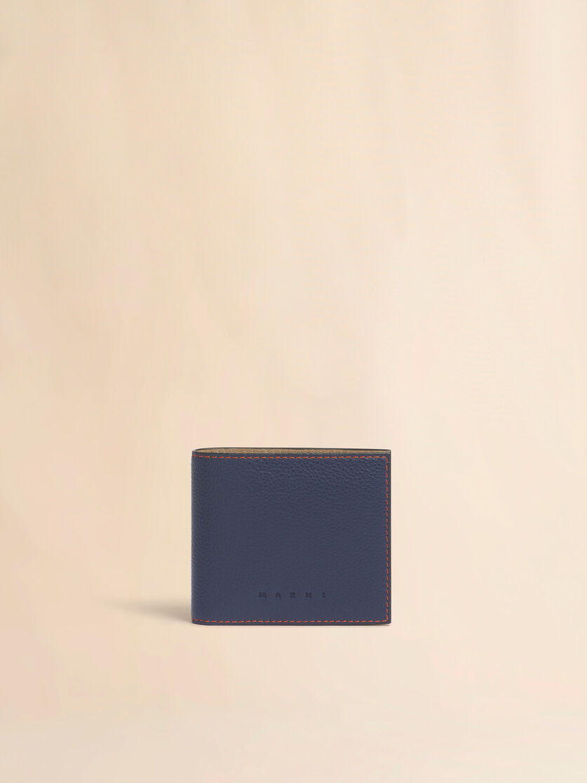 ブルー レザー製二つ折りウォレット、コントラストステッチ入り, Image 1