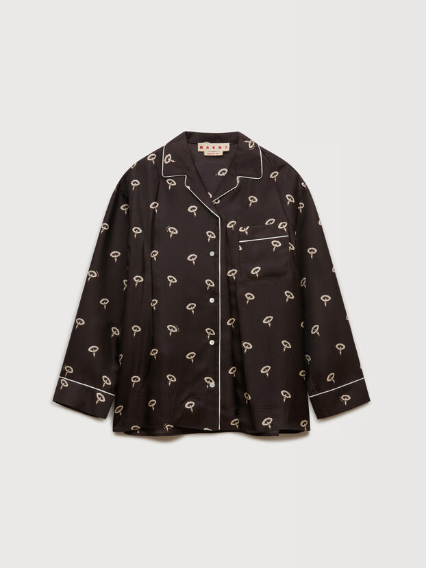 Brown silk twill pyjama shirt with floral print - Shirts