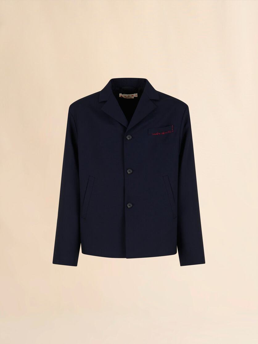 Dunkelblaue einreihige Jacke aus Wolle mit Marni Symbol-Stickerei - Jacken - Image 1
