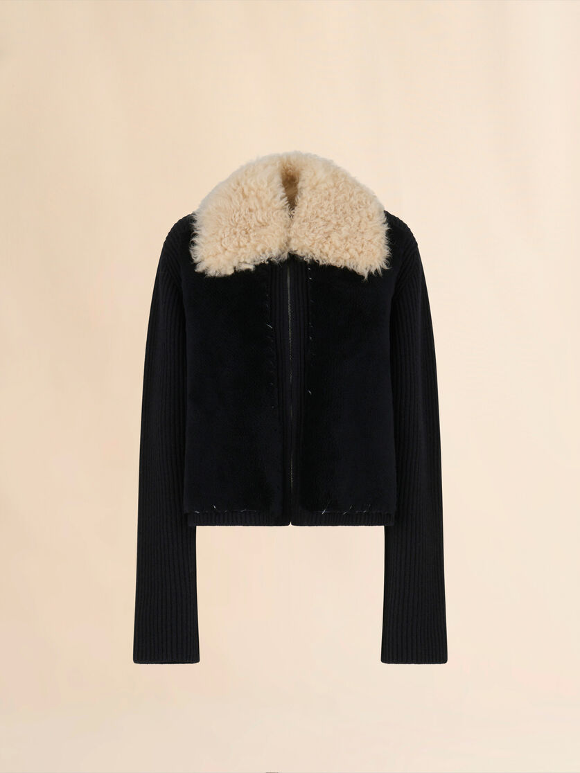 Black wool cardigan with shearling patches - Jackets - Image 1