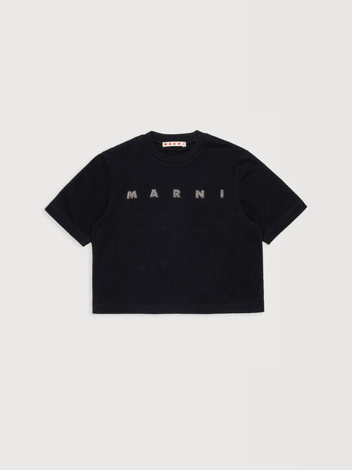 Black cotton T-shirt with rhinestone logo - T-shirts
