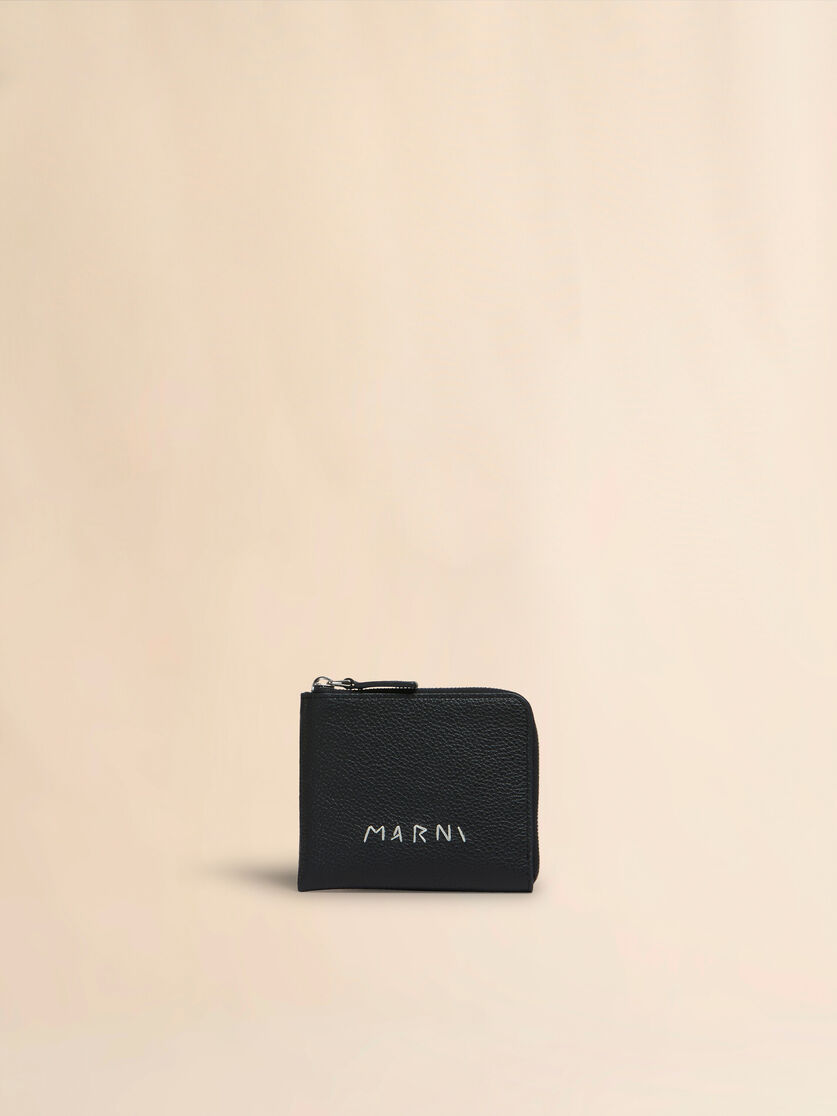 Black leather zip-around wallet with Marni mending | Marni