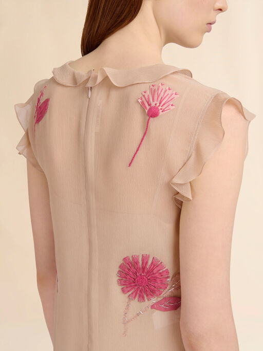 Nude silk dress with camellia embroidery - Dresses