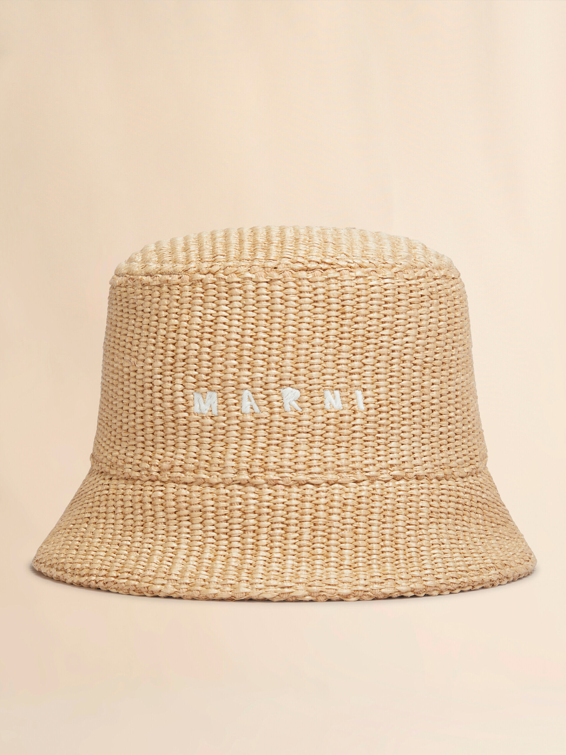 【関税込み】Marni ベージュ Rafia バケットハット ナチュラル ラフィア調 バケットハットロゴ刺しゅう入り | Marni