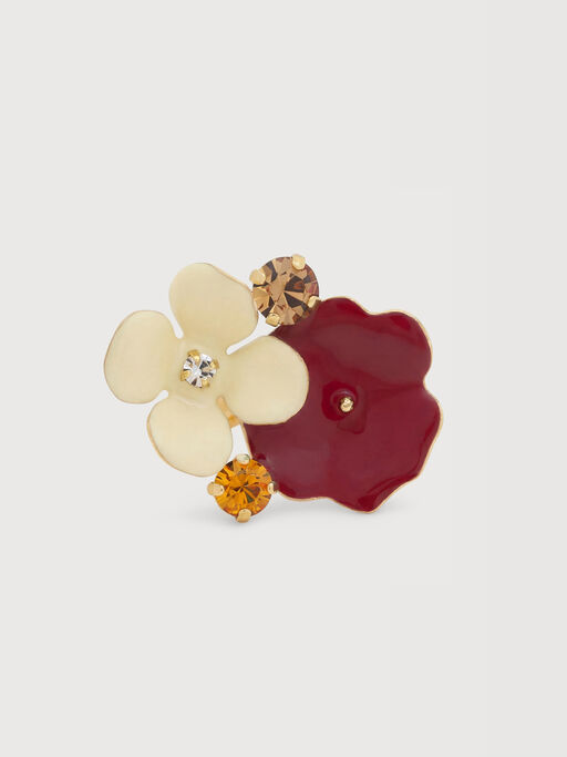 Cream and burgundy enamel flower ring with rhinestones - Rings