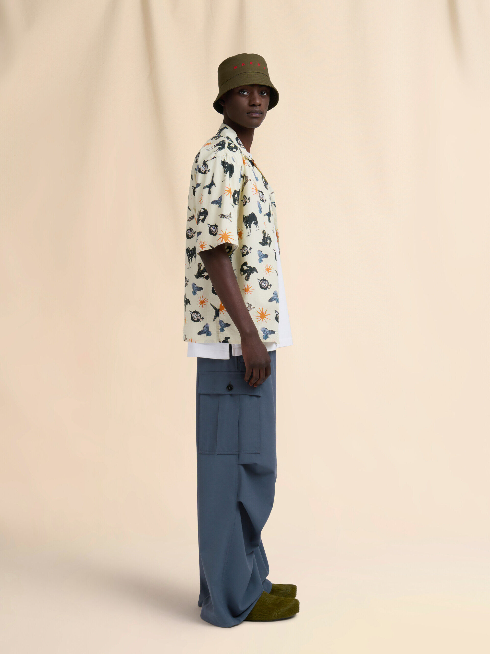 【関税込み】Marni ブルー オーバーサイズ Tシャツ Deep blue tropical wool bowling shirt | Marni