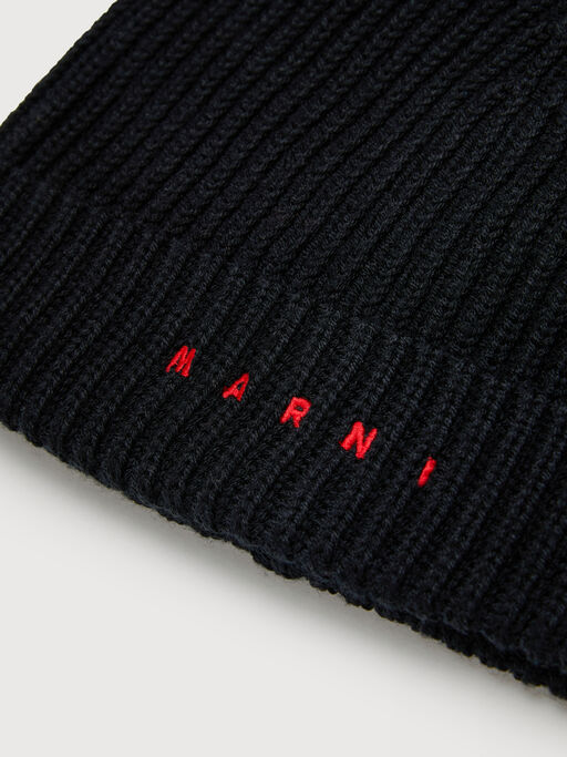 Black wool blend beanie with embroidered Marni logo - Caps
