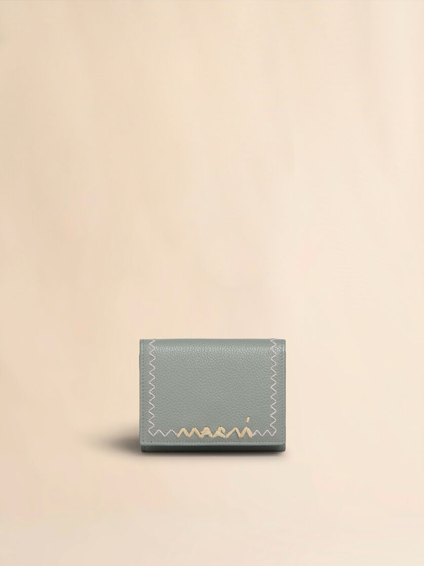 Light blue leather trifold wallet with Marni Mending embroidery - Wallets - Image 1