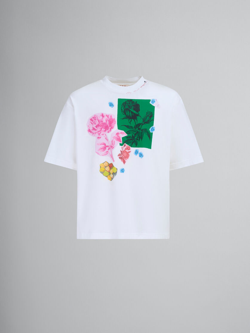 ホワイト フラワープリント コットン製Tシャツ - Tシャツ - Image 1