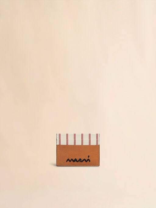 ホワイト＆レッド レザー製ストライプカードホルダー - 財布