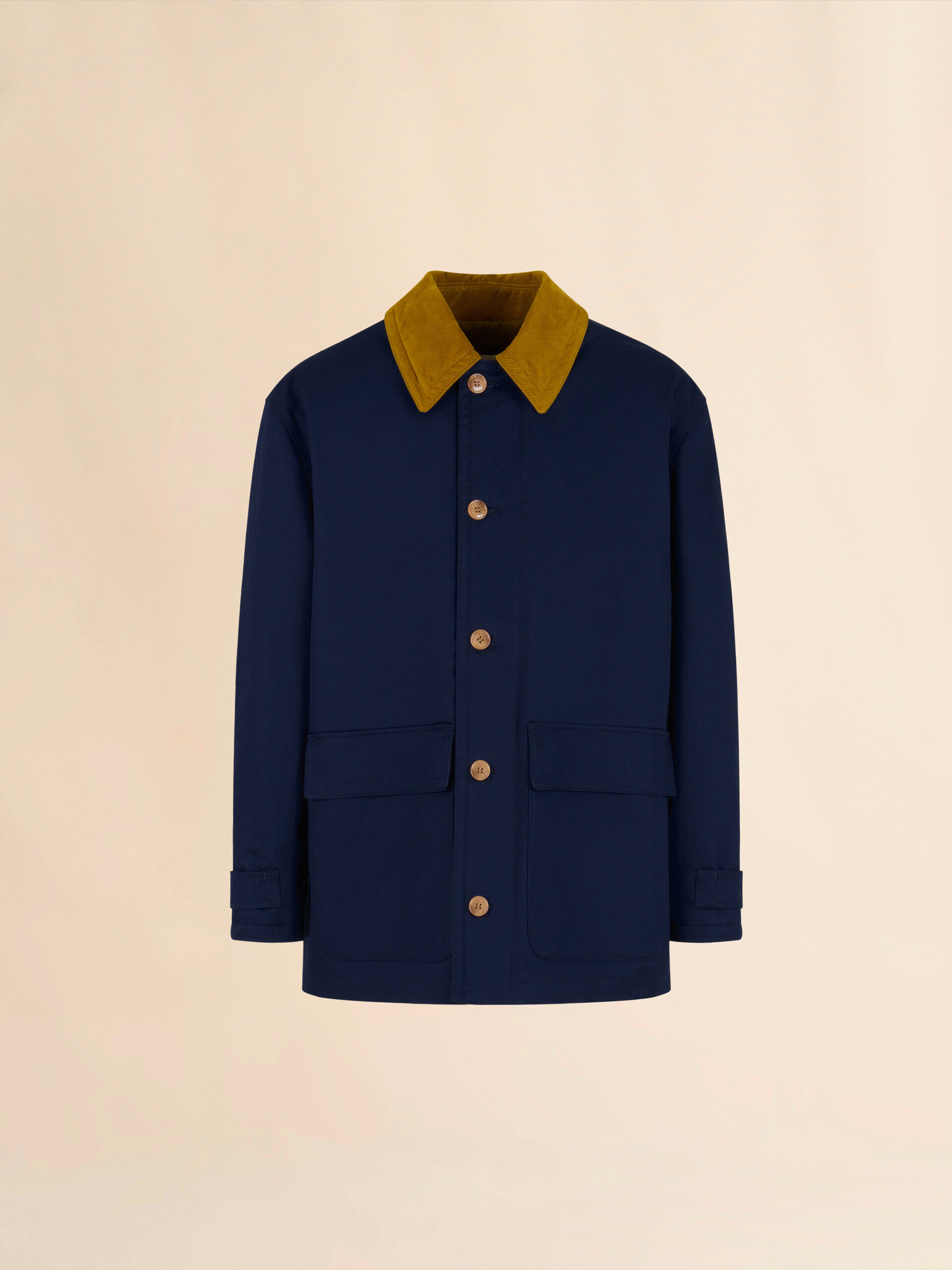 MARNI ダークブルー コーデュロイ ジャケット Blue organic gabardine parka with corduroy collar | Marni