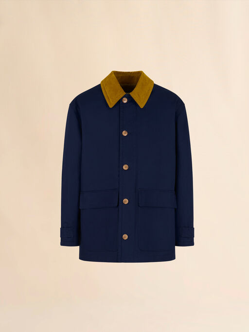 Blue organic gabardine parka with corduroy collar - Coats