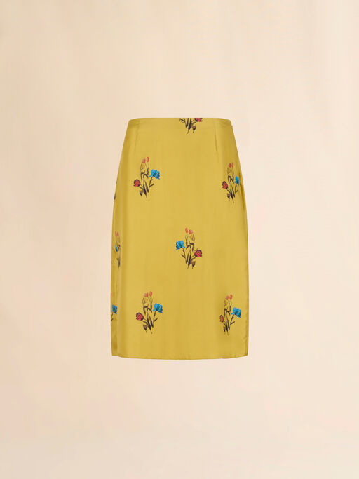 Yellow silk twill skirt with tulip print - Skirts