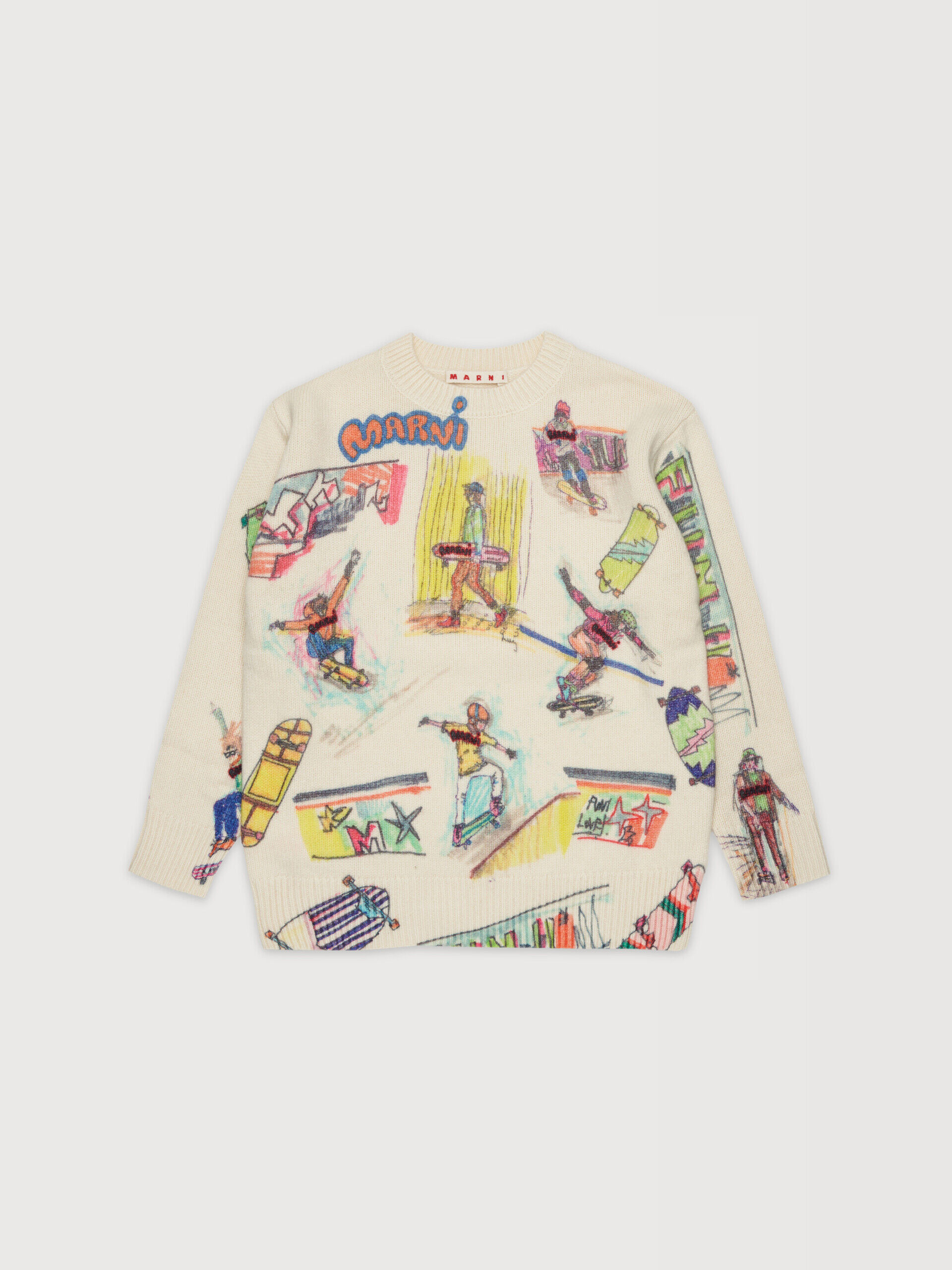 ベージュ ウールブレンドセーター、スケートボードのプリント入り | Marni