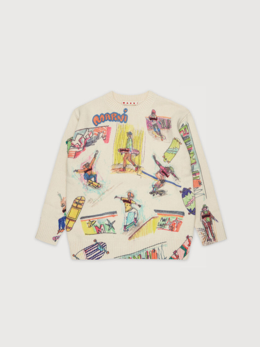 Beige wool blend jumper with skateboard prints, Image 1