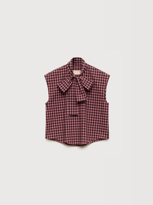 Red checked poplin sleeveless blouse with neck tie - Shirts