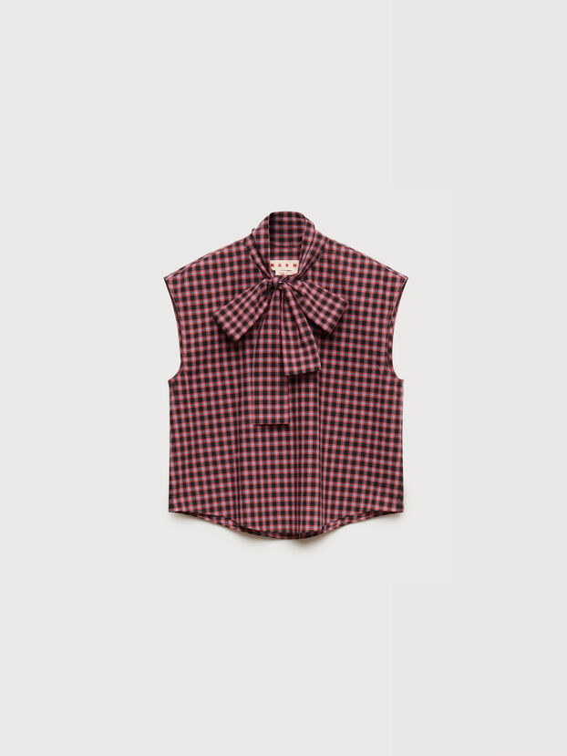 Red checked poplin sleeveless blouse with neck tie - Shirts