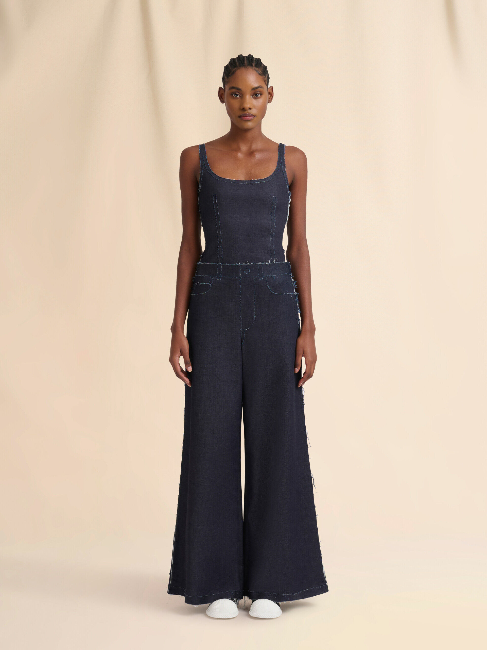 【I AM MARI】Rollbin Wide Denim Slacks Pants Deep blue stretch denim trompe l'oeil trousers | Marni