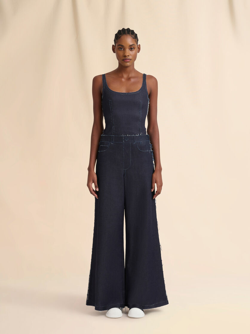 Deep blue stretch denim trompe l'oeil trousers - Pants - Image 2