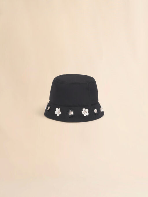 Black taffeta bucket hat with daisy appliqués - Hats