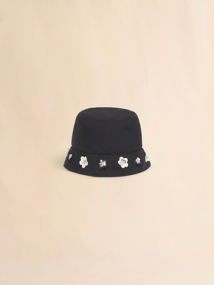 Black taffeta bucket hat with daisy appliqués, Image 3