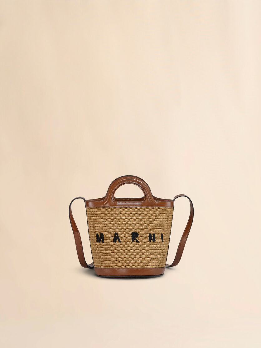 Tropicalia Bag a secchiello piccola in pelle marrone e tessuto effetto rafia - Borse a spalla - Image 1