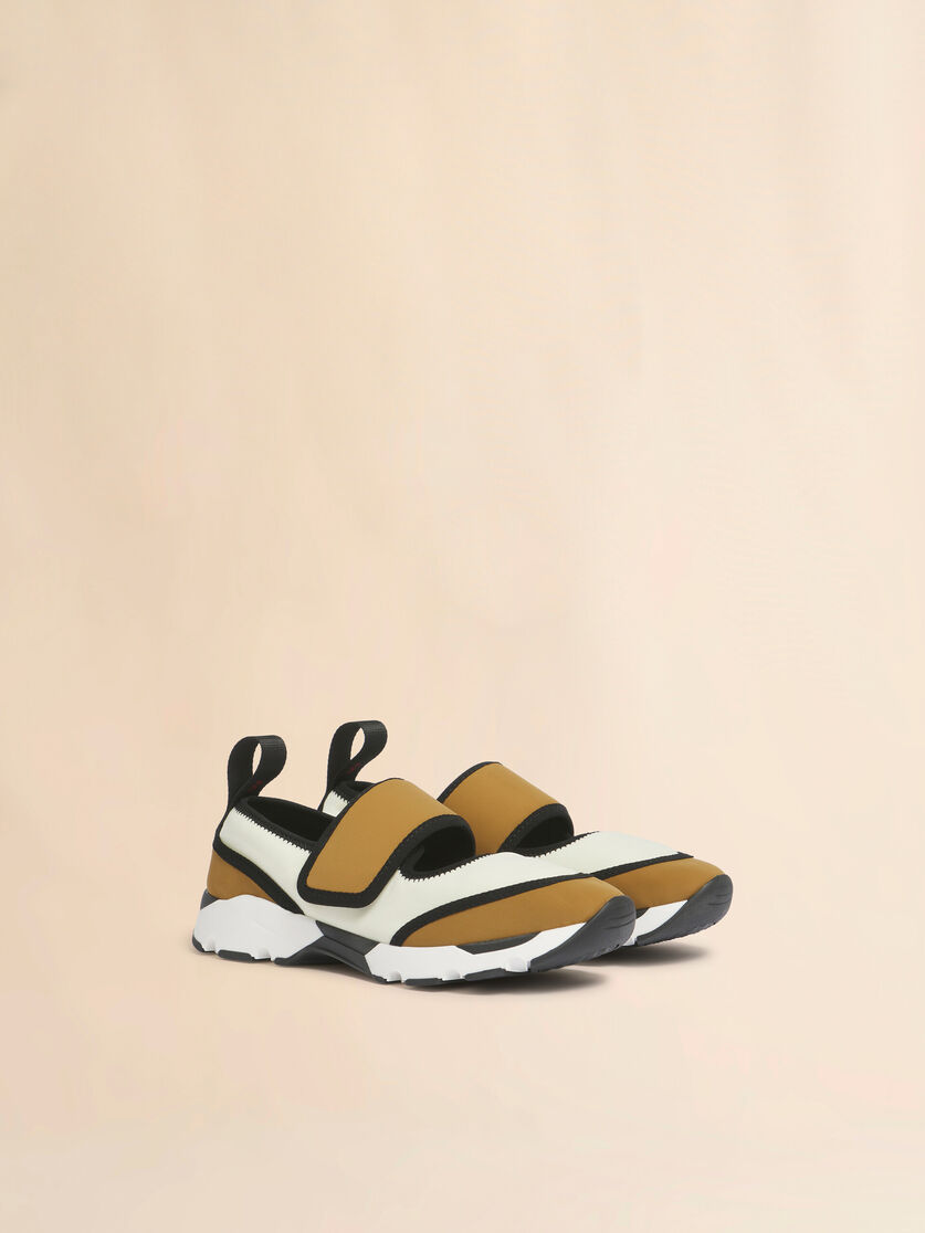 White and light brown lycra Mary Jane Running Sneaker, Image 2